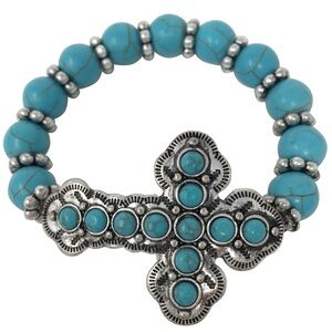 Sideways Cross Turquoise Beaded Christian Stretch Bracelet